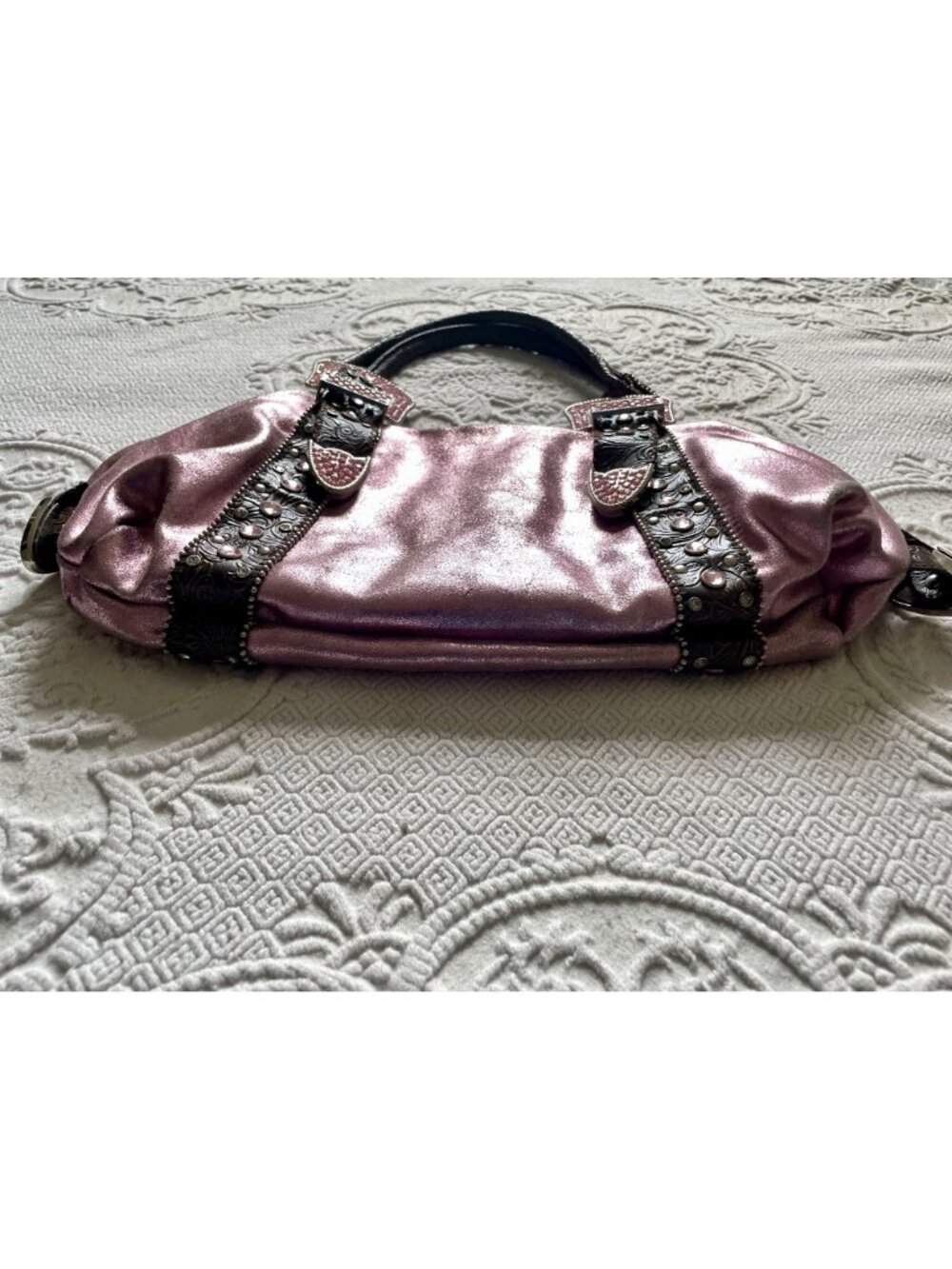 SOLD Vintage Y2K Charm + Luck Western San Antonio Leather Rhinestone Satchel Bag - Picture 10 of 16